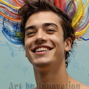 AI-generated abstract art of colorful, happy, handsome male faces covered in vibrant paint. Joy, excitement, and rainbow color in stunning digital art by Jeff Dupler.