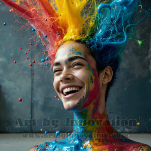 AI-generated abstract art of colorful, happy, handsome male faces covered in vibrant paint. Joy, excitement, and rainbow color in stunning digital art by Jeff Dupler.