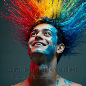 AI-generated abstract art of colorful, happy, handsome male faces covered in vibrant paint. Joy, excitement, and rainbow color in stunning digital art by Jeff Dupler.