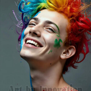 AI-generated abstract art of colorful, happy, handsome male faces covered in vibrant paint. Joy, excitement, and rainbow color in stunning digital art by Jeff Dupler.