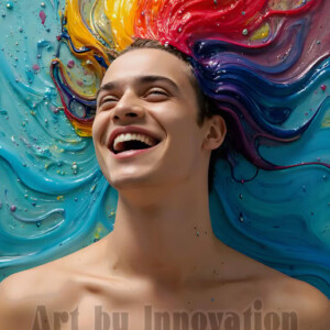 AI-generated abstract art of colorful, happy, handsome male faces covered in vibrant paint. Joy, excitement, and rainbow color in stunning digital art by Jeff Dupler.