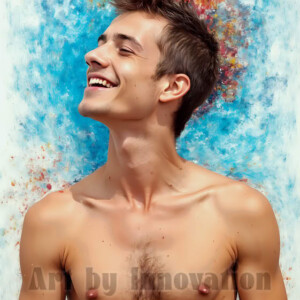 AI-generated abstract art of colorful, happy, handsome male faces covered in vibrant paint. Joy, excitement, and rainbow color in stunning digital art by Jeff Dupler.