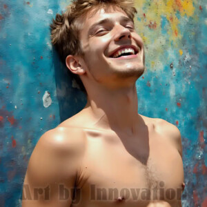AI-generated abstract art of colorful, happy, handsome male faces covered in vibrant paint. Joy, excitement, and rainbow color in stunning digital art by Jeff Dupler.