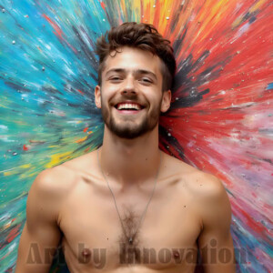 AI-generated abstract art of colorful, happy, handsome male faces covered in vibrant paint. Joy, excitement, and rainbow color in stunning digital art by Jeff Dupler.
