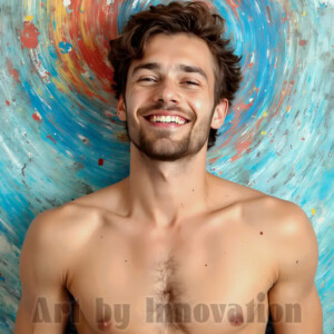AI-generated abstract art of colorful, happy, handsome male faces covered in vibrant paint. Joy, excitement, and rainbow color in stunning digital art by Jeff Dupler.