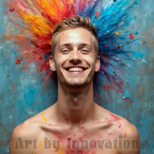 AI-generated abstract art of colorful, happy, handsome male faces covered in vibrant paint. Joy, excitement, and rainbow color in stunning digital art by Jeff Dupler.