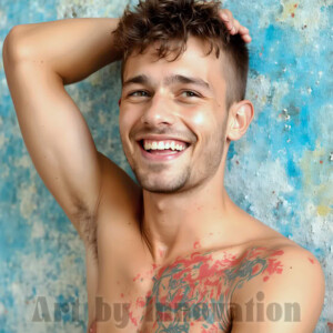 AI-generated abstract art of colorful, happy, handsome male faces covered in vibrant paint. Joy, excitement, and rainbow color in stunning digital art by Jeff Dupler.