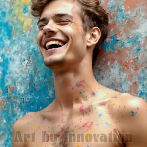 AI-generated abstract art of colorful, happy, handsome male faces covered in vibrant paint. Joy, excitement, and rainbow color in stunning digital art by Jeff Dupler.