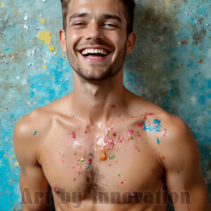 AI-generated abstract art of colorful, happy, handsome male faces covered in vibrant paint. Joy, excitement, and rainbow color in stunning digital art by Jeff Dupler.