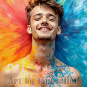 AI-generated abstract art of colorful, happy, handsome male faces covered in vibrant paint. Joy, excitement, and rainbow color in stunning digital art by Jeff Dupler.