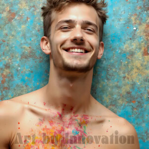 AI-generated abstract art of colorful, happy, handsome male faces covered in vibrant paint. Joy, excitement, and rainbow color in stunning digital art by Jeff Dupler.