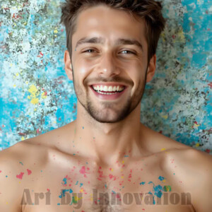 AI-generated abstract art of colorful, happy, handsome male faces covered in vibrant paint. Joy, excitement, and rainbow color in stunning digital art by Jeff Dupler.