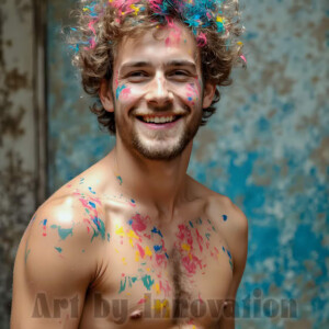 AI-generated abstract art of colorful, happy, handsome male faces covered in vibrant paint. Joy, excitement, and rainbow color in stunning digital art by Jeff Dupler.