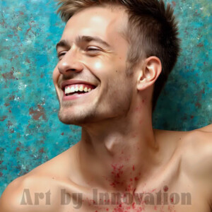AI-generated abstract art of colorful, happy, handsome male faces covered in vibrant paint. Joy, excitement, and rainbow color in stunning digital art by Jeff Dupler.