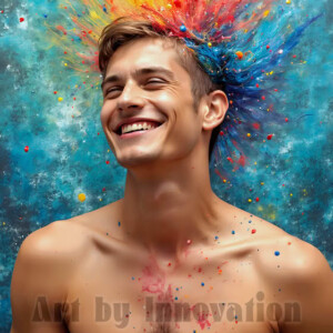 AI-generated abstract art of colorful, happy, handsome male faces covered in vibrant paint. Joy, excitement, and rainbow color in stunning digital art by Jeff Dupler.
