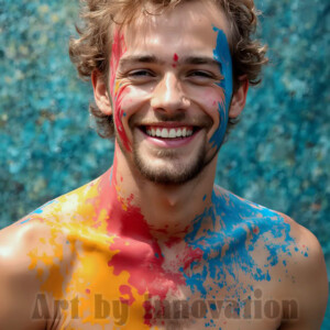 AI-generated abstract art of colorful, happy, handsome male faces covered in vibrant paint. Joy, excitement, and rainbow color in stunning digital art by Jeff Dupler.