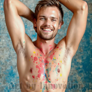 AI-generated abstract art of colorful, happy, handsome male faces covered in vibrant paint. Joy, excitement, and rainbow color in stunning digital art by Jeff Dupler.