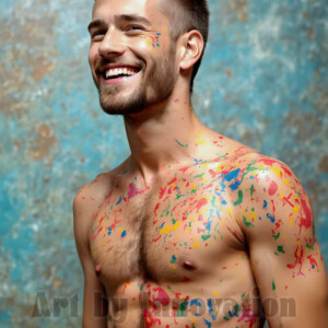 AI-generated abstract art of colorful, happy, handsome male faces covered in vibrant paint. Joy, excitement, and rainbow color in stunning digital art by Jeff Dupler.
