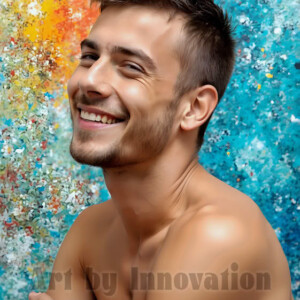 AI-generated abstract art of colorful, happy, handsome male faces covered in vibrant paint. Joy, excitement, and rainbow color in stunning digital art by Jeff Dupler.