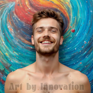AI-generated abstract art of colorful, happy, handsome male faces covered in vibrant paint. Joy, excitement, and rainbow color in stunning digital art by Jeff Dupler.