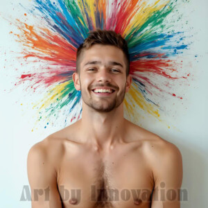 AI-generated abstract art of colorful, happy, handsome male faces covered in vibrant paint. Joy, excitement, and rainbow color in stunning digital art by Jeff Dupler.