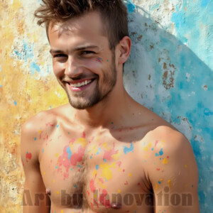 AI-generated abstract art of colorful, happy, handsome male faces covered in vibrant paint. Joy, excitement, and rainbow color in stunning digital art by Jeff Dupler.