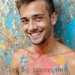 AI-generated abstract art of colorful, happy, handsome male faces covered in vibrant paint. Joy, excitement, and rainbow color in stunning digital art by Jeff Dupler.