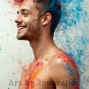 AI-generated abstract art of colorful, happy, handsome male faces covered in vibrant paint. Joy, excitement, and rainbow color in stunning digital art by Jeff Dupler.