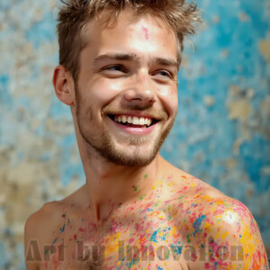 AI-generated abstract art of colorful, happy, handsome male faces covered in vibrant paint. Joy, excitement, and rainbow color in stunning digital art by Jeff Dupler.