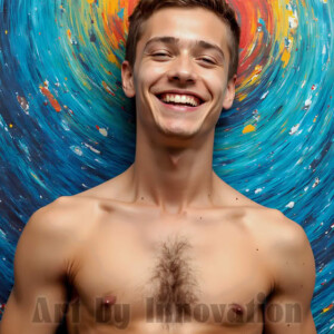 AI-generated abstract art of colorful, happy, handsome male faces covered in vibrant paint. Joy, excitement, and rainbow color in stunning digital art by Jeff Dupler.