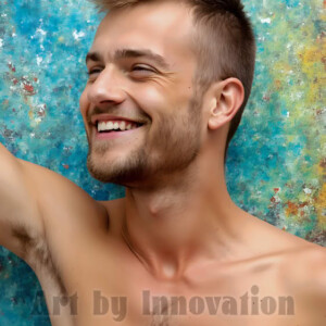 AI-generated abstract art of colorful, happy, handsome male faces covered in vibrant paint. Joy, excitement, and rainbow color in stunning digital art by Jeff Dupler.