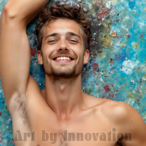 AI-generated abstract art of colorful, happy, handsome male faces covered in vibrant paint. Joy, excitement, and rainbow color in stunning digital art by Jeff Dupler.