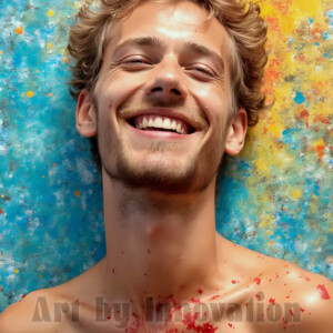 AI-generated abstract art of colorful, happy, handsome male faces covered in vibrant paint. Joy, excitement, and rainbow color in stunning digital art by Jeff Dupler.