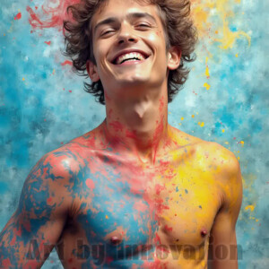 AI-generated abstract art of colorful, happy, handsome male faces covered in vibrant paint. Joy, excitement, and rainbow color in stunning digital art by Jeff Dupler.