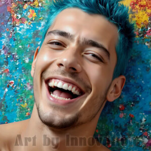 AI-generated abstract art of colorful, happy, handsome male faces covered in vibrant paint. Joy, excitement, and rainbow color in stunning digital art by Jeff Dupler.
