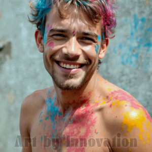 AI-generated abstract art of colorful, happy, handsome male faces covered in vibrant paint. Joy, excitement, and rainbow color in stunning digital art by Jeff Dupler.