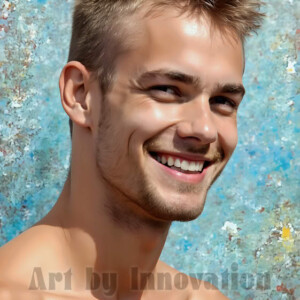 AI-generated abstract art of colorful, happy, handsome male faces covered in vibrant paint. Joy, excitement, and rainbow color in stunning digital art by Jeff Dupler.