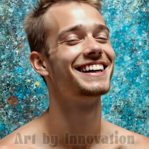 AI-generated abstract art of colorful, happy, handsome male faces covered in vibrant paint. Joy, excitement, and rainbow color in stunning digital art by Jeff Dupler.