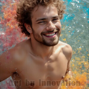AI-generated abstract art of colorful, happy, handsome male faces covered in vibrant paint. Joy, excitement, and rainbow color in stunning digital art by Jeff Dupler.