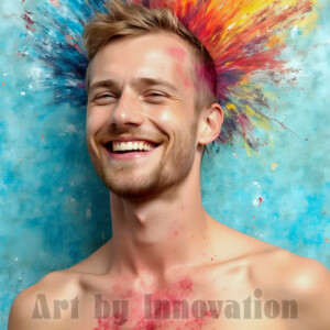 AI-generated abstract art of colorful, happy, handsome male faces covered in vibrant paint. Joy, excitement, and rainbow color in stunning digital art by Jeff Dupler.