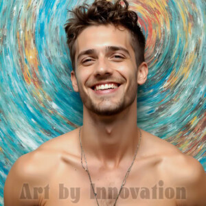 AI-generated abstract art of colorful, happy, handsome male faces covered in vibrant paint. Joy, excitement, and rainbow color in stunning digital art by Jeff Dupler.