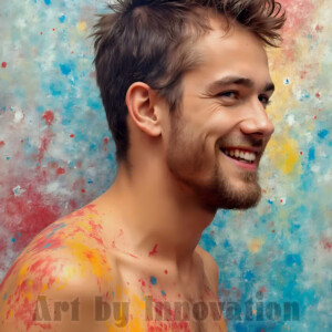 AI-generated abstract art of colorful, happy, handsome male faces covered in vibrant paint. Joy, excitement, and rainbow color in stunning digital art by Jeff Dupler.