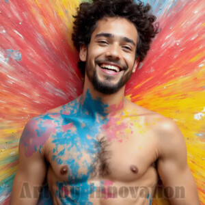 AI-generated abstract art of colorful, happy, handsome male faces covered in vibrant paint. Joy, excitement, and rainbow color in stunning digital art by Jeff Dupler.