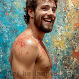 AI-generated abstract art of colorful, happy, handsome male faces covered in vibrant paint. Joy, excitement, and rainbow color in stunning digital art by Jeff Dupler.