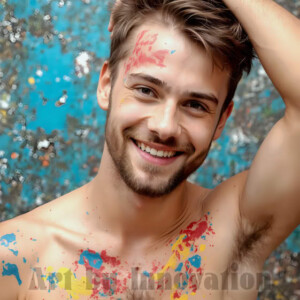 AI-generated abstract art of colorful, happy, handsome male faces covered in vibrant paint. Joy, excitement, and rainbow color in stunning digital art by Jeff Dupler.