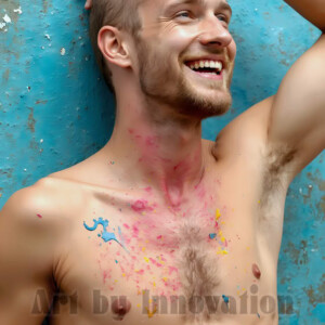AI-generated abstract art of colorful, happy, handsome male faces covered in vibrant paint. Joy, excitement, and rainbow color in stunning digital art by Jeff Dupler.