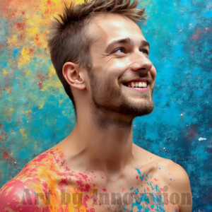 AI-generated abstract art of colorful, happy, handsome male faces covered in vibrant paint. Joy, excitement, and rainbow color in stunning digital art by Jeff Dupler.