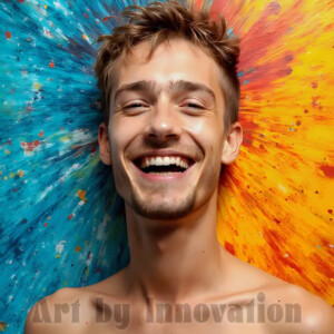 AI-generated abstract art of colorful, happy, handsome male faces covered in vibrant paint. Joy, excitement, and rainbow color in stunning digital art by Jeff Dupler.