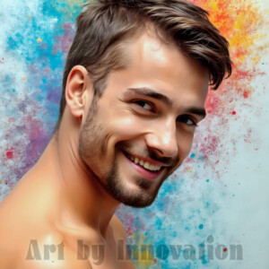AI-generated abstract art of colorful, happy, handsome male faces covered in vibrant paint. Joy, excitement, and rainbow color in stunning digital art by Jeff Dupler.