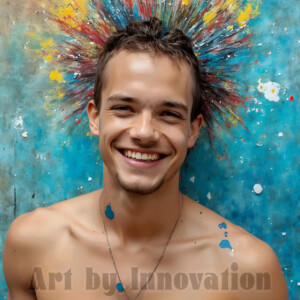 AI-generated abstract art of colorful, happy, handsome male faces covered in vibrant paint. Joy, excitement, and rainbow color in stunning digital art by Jeff Dupler.